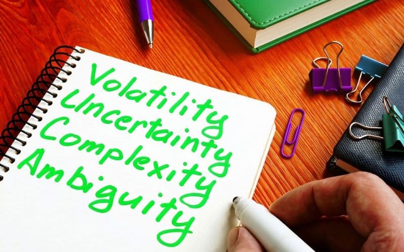 A notepad listing volatility, uncertainty, complexity and ambiguity